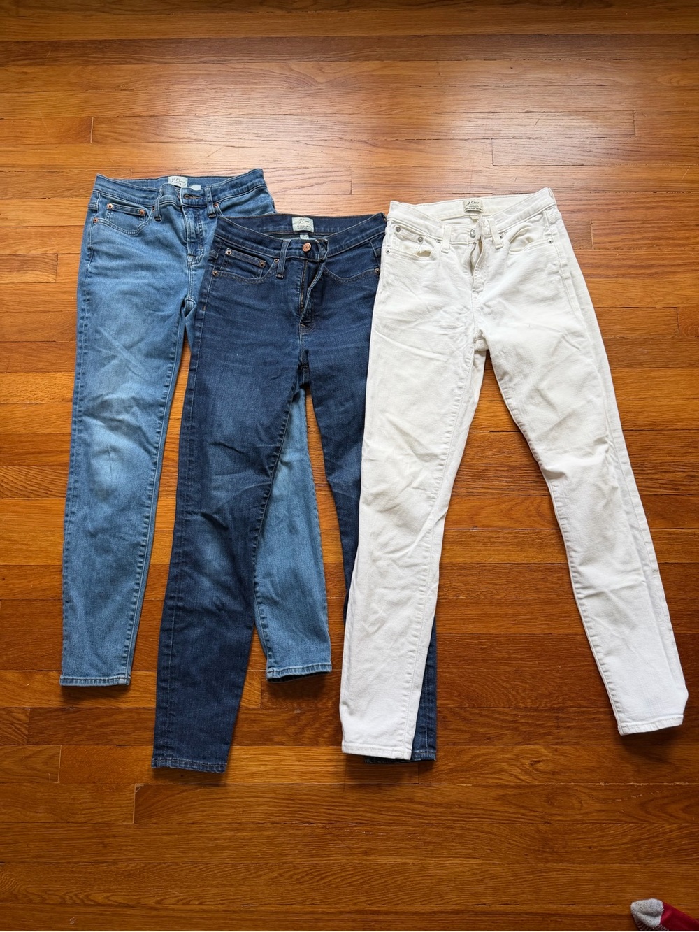 J. Crew Skinny Jeans Trio — Light Blue, Dark Blue & White